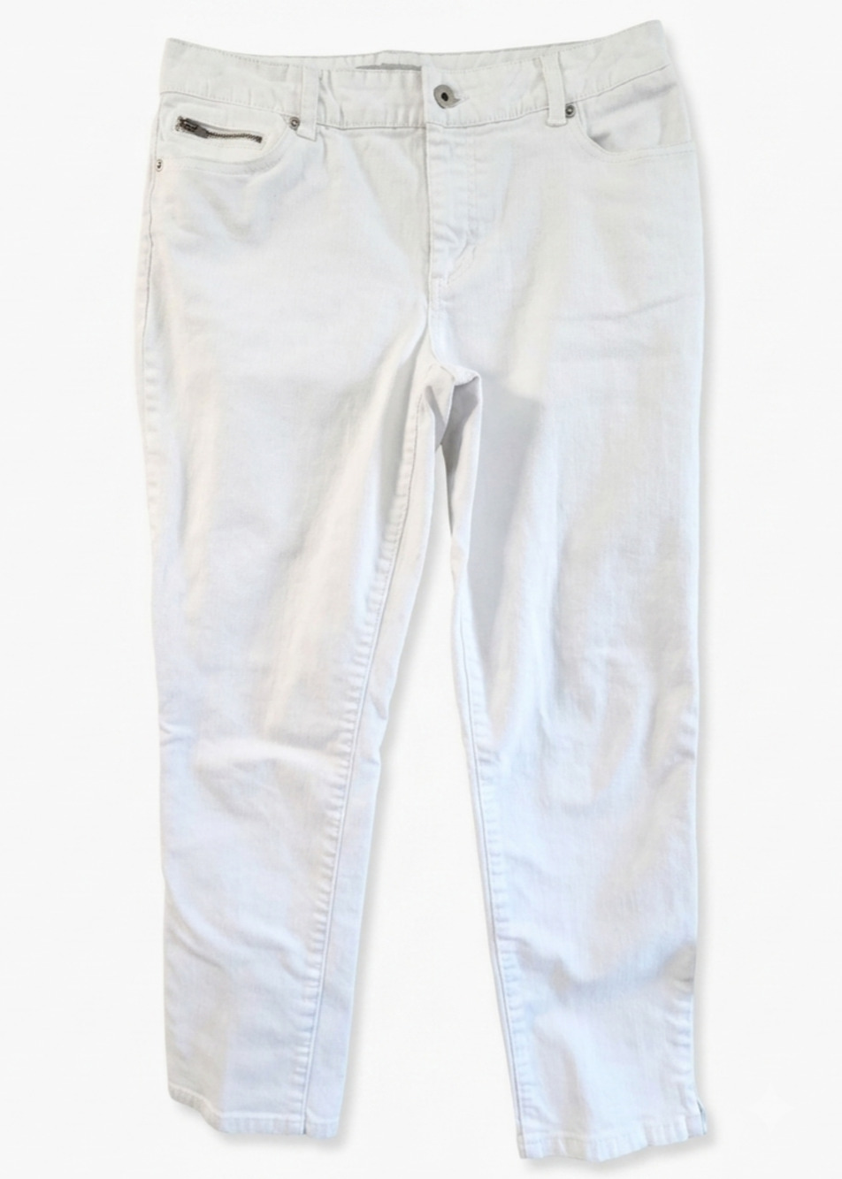 Chico's Platinum Denim White Ankle Jeans Women's Size 1 Notched Hem Stretch